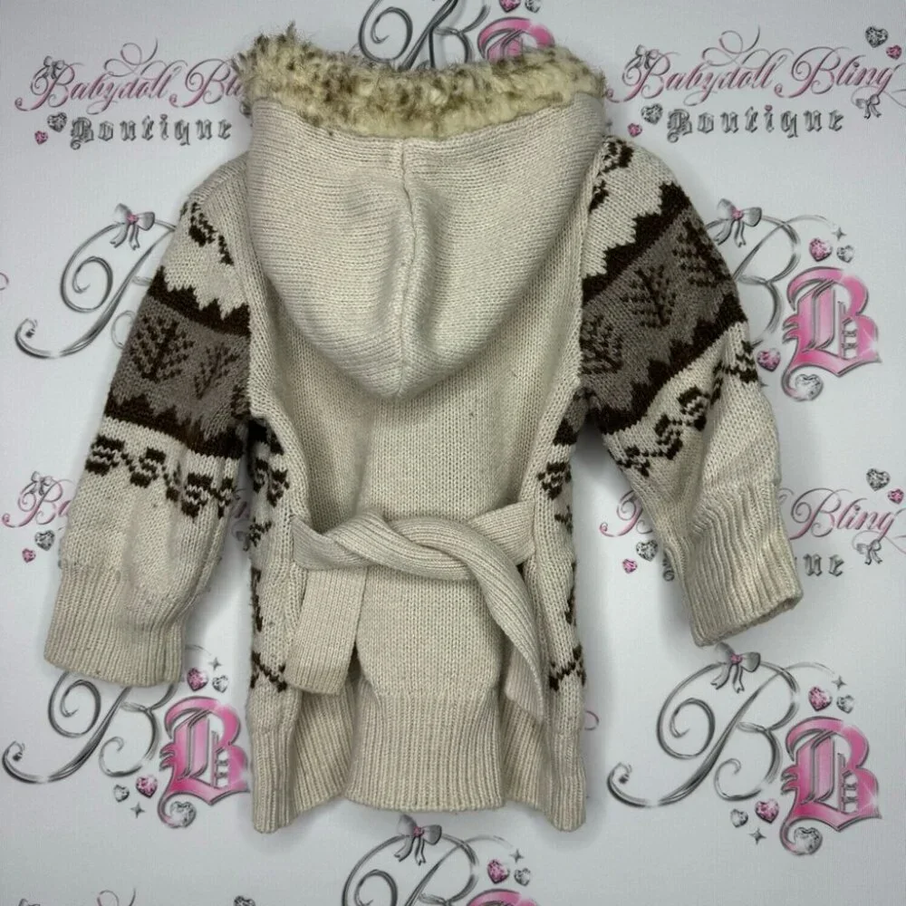 Roots outdoors sweater button up knitted fur trim hood kids unisex brown crochet
